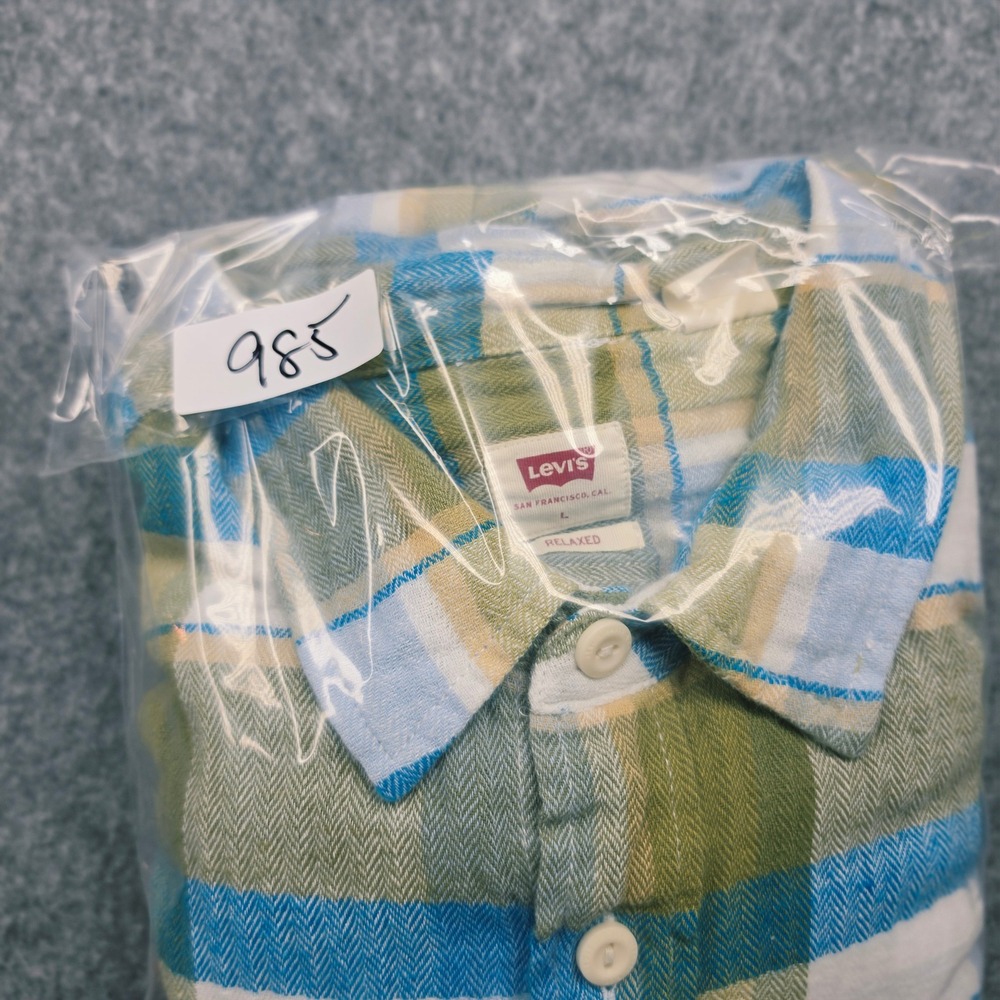 Levis Relaxed Fit Flannel Shirt Mens L Green Blue Plaid Long Sleeve Button Up - Picture 12 of 12